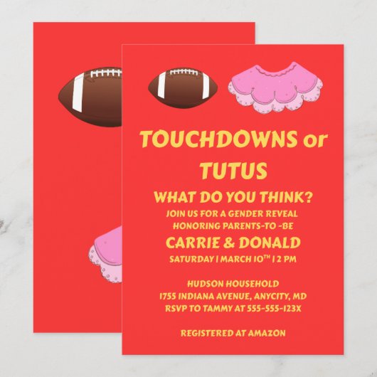 Touchdowns oder Tutus Geschlechtsenthüllungsfeier Einladung (Vorne/Hinten)
