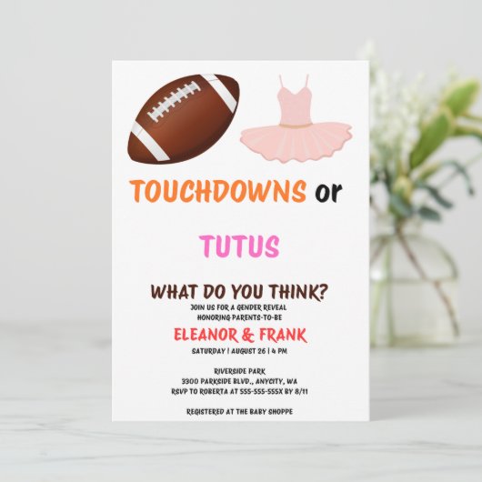 Touchdowns oder Tutus Geschlechtsenthüllungsfeier Einladung (Stehend Vorderseite)