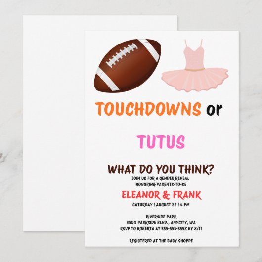 Touchdowns oder Tutus Geschlechtsenthüllungsfeier Einladung (Vorne/Hinten)