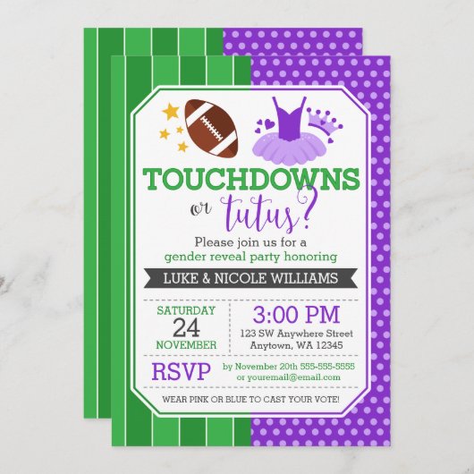 Touchdowns oder Tutus Lila Gender Reveal Party Einladung (Vorne/Hinten)