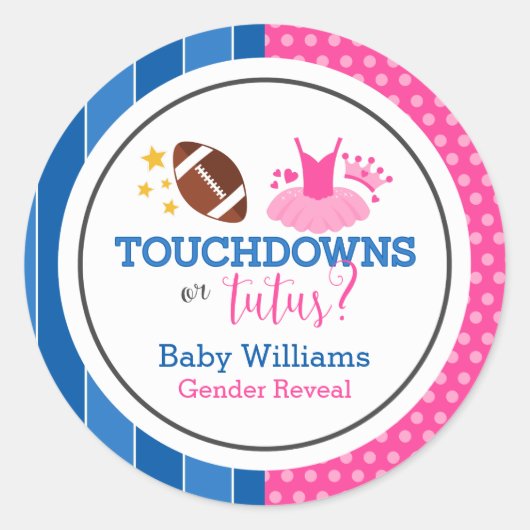 Touchdowns oder Tutus Pink Blue Gender Reveal Part Runder Aufkleber (Vorderseite)