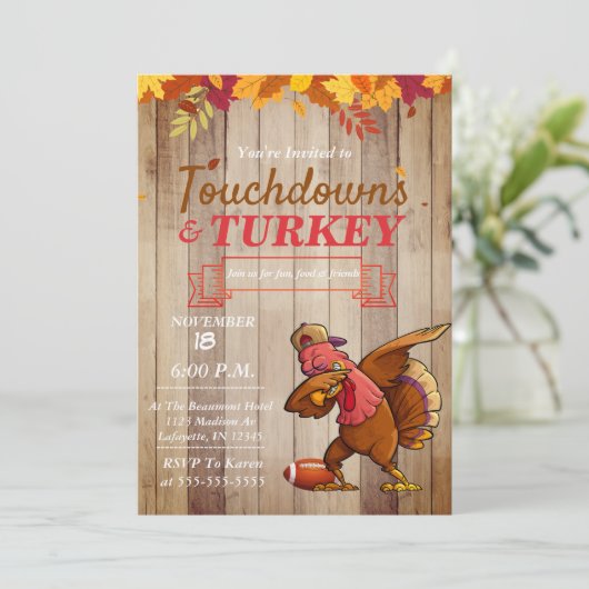 Touchdowns und Türkei Erntedank Einladung (Stehend Vorderseite)