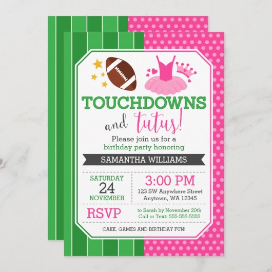 Touchdowns und Tutus Einladungen zum Geburtstag (Vorne/Hinten)
