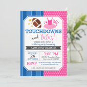 Touchdowns und Tutus Pink Blauer Geburtstag Einlad Einladung (Stehend Vorderseite)