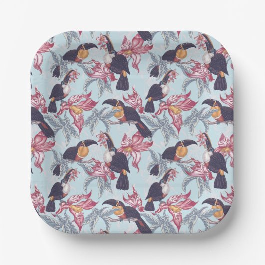 Toukane mit exotischen Blume Pappteller (Vorderseite)