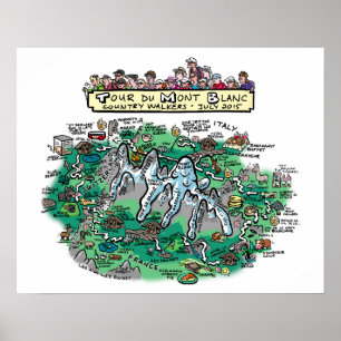 Tour du Mont Blanc Cartoon Map - Poster 20" x 16"
