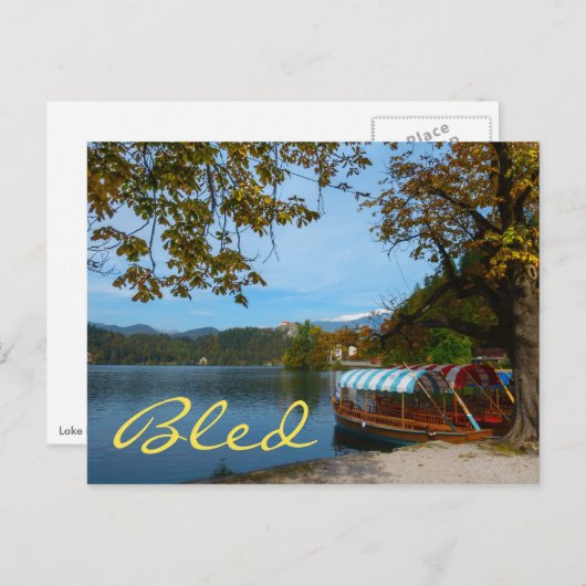 Touristenboote im Bled-See im Herbst Postkarte (Vorne/Hinten)
