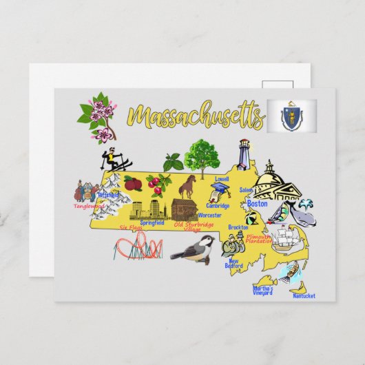 Touristenkarte von Massachusetts Staat Postcard Postkarte (Vorne/Hinten)
