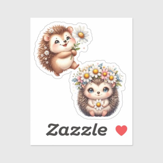 Tow cuteRomantic Floral Hedgehog Duo Illustration Aufkleber (Blatt)