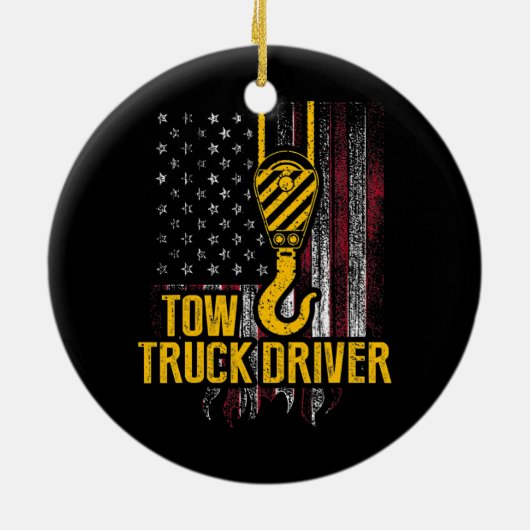 Tow Truck Driver USA Flag Funny Trucker Keramik Ornament (Hinten)