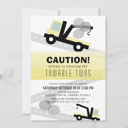 Towable Twos Wrecker 2. Geburtstag Einladung (Vorderseite)