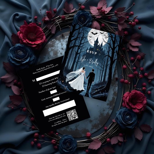 Toward Haunted Castle Wedding Couple Spooky Forest RSVP Karte