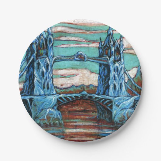 Tower Bridge in einer Fantasiestadt wachsen Pappteller (Vorderseite)