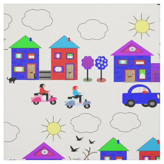Town Colorful Houses Fun Whimsy Gemustert Stoff (Muster)