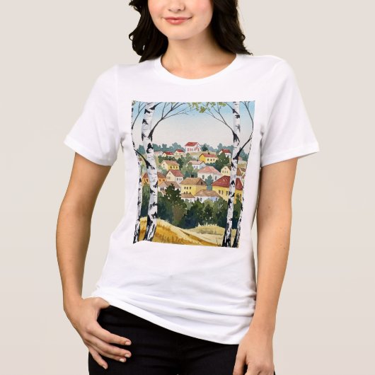 Town on a hill seen through birch trees Tri-Blend shirt (Vorderseite)
