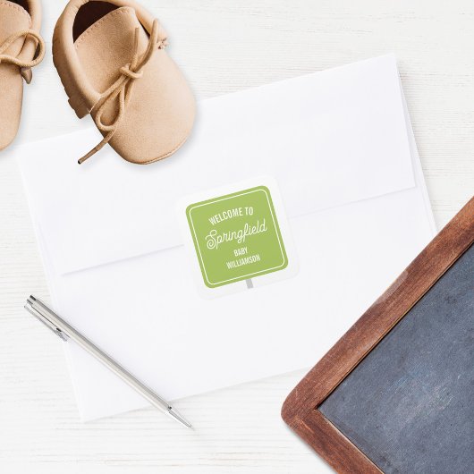 Town Welcome Sign Green Baby Dusche Quadratischer Aufkleber