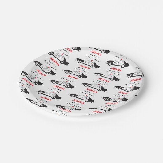 Toy Police Car Custom Name Kids Birthday Pappteller (Schrägansicht)