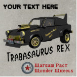 Trabant Car<br><div class="desc">Ein humorvolles, computergeneriertes, schwarzes und goldenes Bild eines maßgeschneiderten ostdeutschen Trabant Automobils. Der Sonderwagen&#39;s Spitzname Trabasaurus rex erscheint in einem geeigneten Schriftart sowohl an der Fahrzeugtür als auch unter dem Bild. Das Fahrzeug ist mit einem Idaho-Nummernschild versehen, das die Buchstaben "TRABI REX" wie es von den mythischen Warschauer Pakt Wonder...</div>