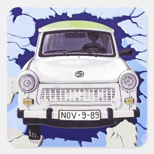Trabant Car , Blauer Blau, Berliner Mauer Quadratischer Aufkleber (Vorderseite)