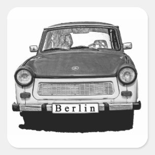 Trabant Car Front, Black and White, Berlin Quadratischer Aufkleber