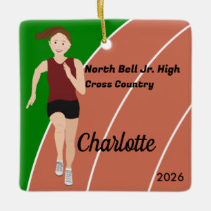 Track and Field Girl Brown Hair in Maroon Black Keramikornament