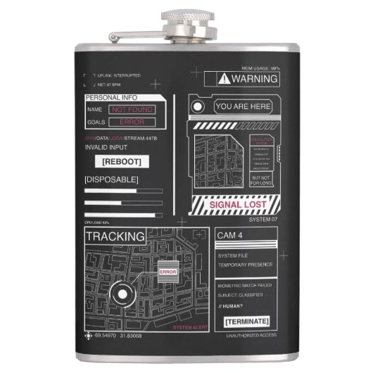 Tracking - Techno-Brutalist Streetwear Design Flachmann (Vorderseite)