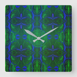 Traços azuis 'flutuando' sobre fundo verde. quadratische wanduhr
