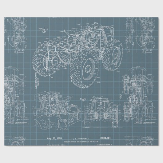 Tractor Blueprint Grau Hintergrund Geschenkpapier (Flach)