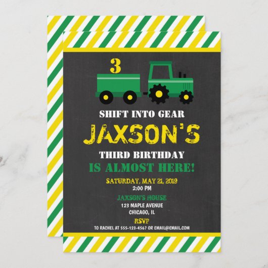 Tractor, grün und gelb einladung (Vorne/Hinten)