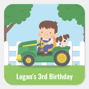 Tractor Junge und Hund Bauernhof Kinder Geburtstag Quadratischer Aufkleber