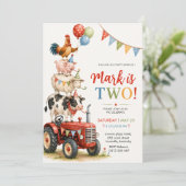 Tractor & Party Animals Kindergeburtstag Einladung (Stehend Vorderseite)