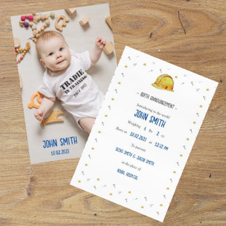 Tradie Baby Birth Announcement Certificate Card RSVP Karte