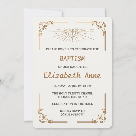 Traditional Baptism for Daughter Gold Cross Einladung (Vorderseite)