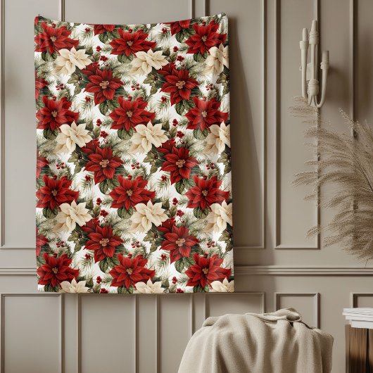 Traditional Blanket Red Poinsettia Holiday Style Fleecedecke