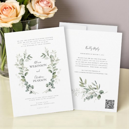 Traditional Botanical Greenery Wedding QRCode RSVP Einladung