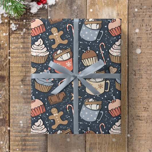 Traditional Christmas Vintage Hot Cocoa Dark Blue Geschenkpapier