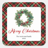 Traditional Christmas Wreath Red Green Plaid Set Quadratischer Aufkleber (Vorderseite)
