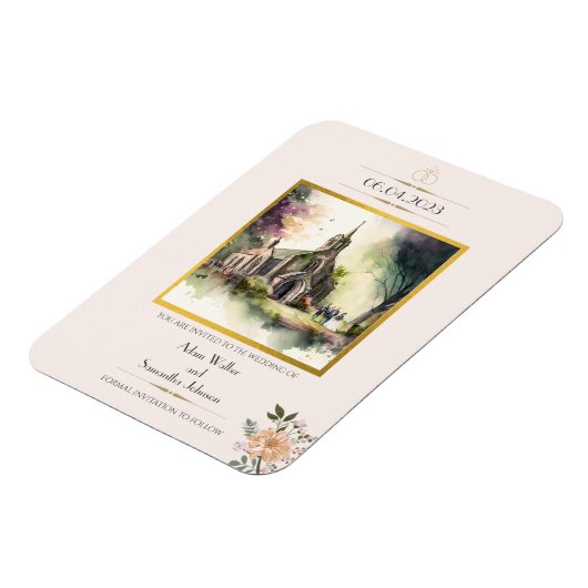 Traditional Church Gold Flower Save the Date Magnet (Linke Seite)