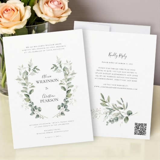 Traditional eucalptus Greenery Wedding QR Code Einladung