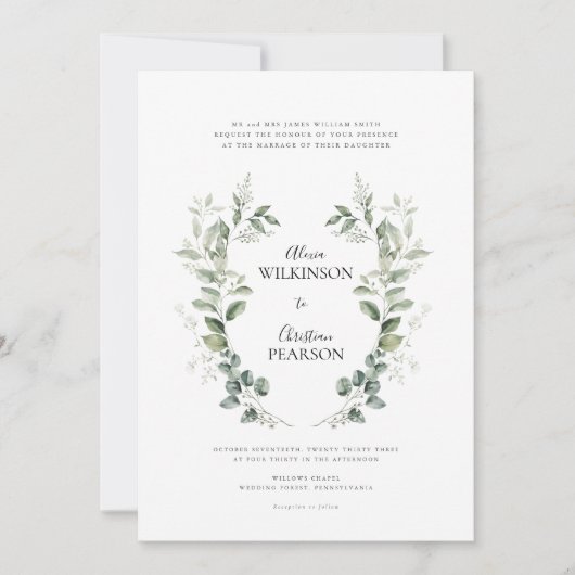 Traditional eucalptus Greenery Wedding QR Code Einladung (Vorderseite)