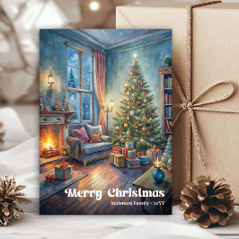 Traditional festive scene card red green lettering feiertagskarte