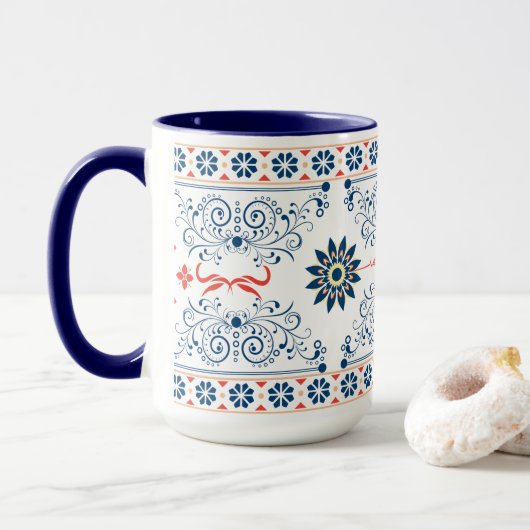 Traditional Folk Floral Pattern Mug Tasse (Mit Donut)