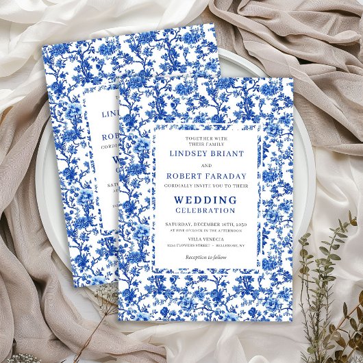 Traditional French Toile Blue Floral Wedding  Einladung