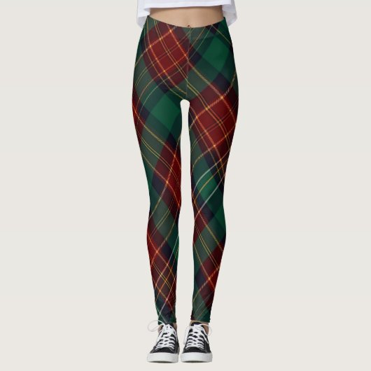 Traditional Green Red Diagonal Tartan Plaid Leggings (Vorderseite)