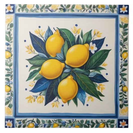 Traditional Lemons Blue Green Yellow White Classic Fliese (Vorderseite)