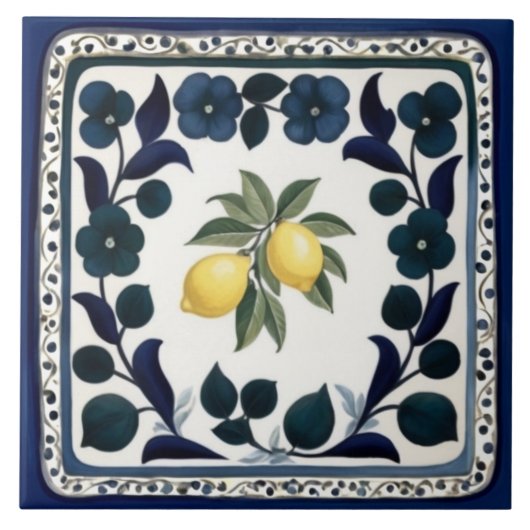 Traditional Lemons Dark Blue and White Floral Fliese (Vorderseite)