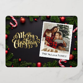 Traditional Merry Christmas, Family Name & Photo Folien Feiertagskarte