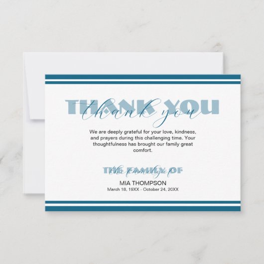 Traditional Ocean Blue Lines Memorial Thank Dankeskarte (Vorderseite)