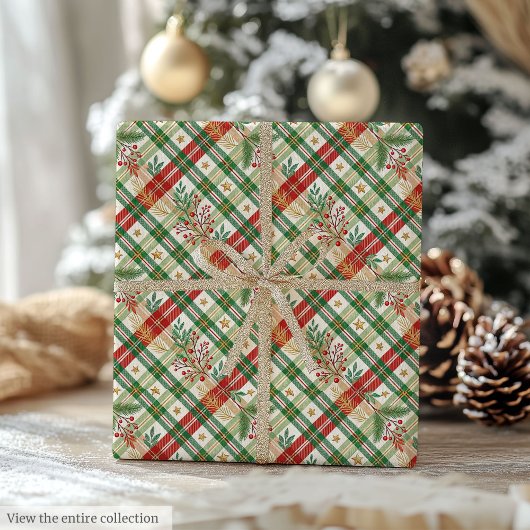 Traditional red and green watercolor gingham wrap geschenkpapier