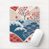 Traditional Red Blue Japanese Wave Sakura Pattern Mousepad (Mit Mouse)